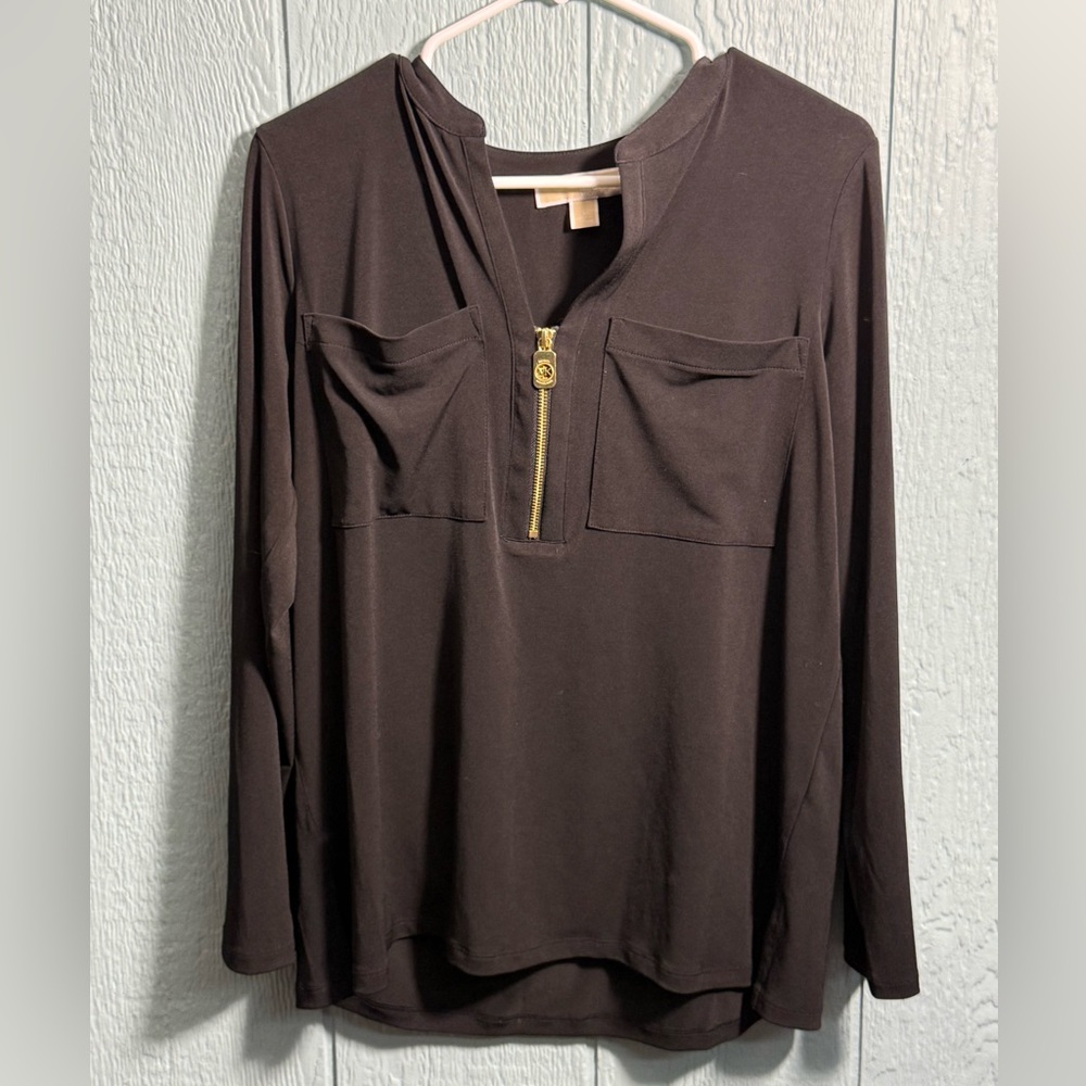 MICHAEL Michael Kors Gold Black Zippered Long Sleeve Blouse